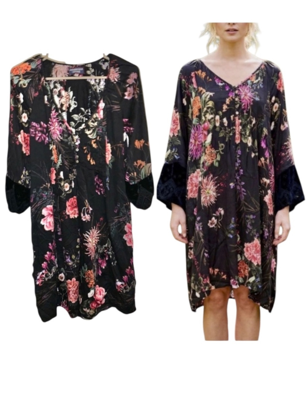 Johnny Was Workshop Black Floral Shift Dress in Rayon/Silk & velvet accent (XS)